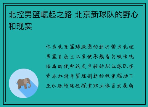 北控男篮崛起之路 北京新球队的野心和现实