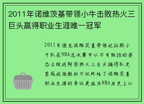 2011年诺维茨基带领小牛击败热火三巨头赢得职业生涯唯一冠军